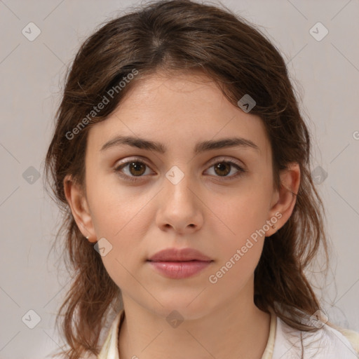 Neutral white young-adult female with medium  brown hair and brown eyes