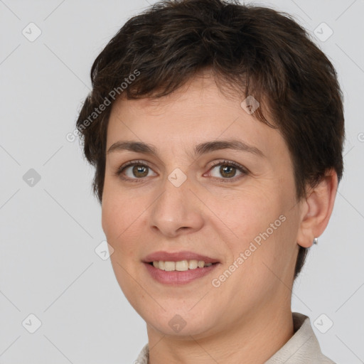 Joyful white young-adult female with short  brown hair and brown eyes