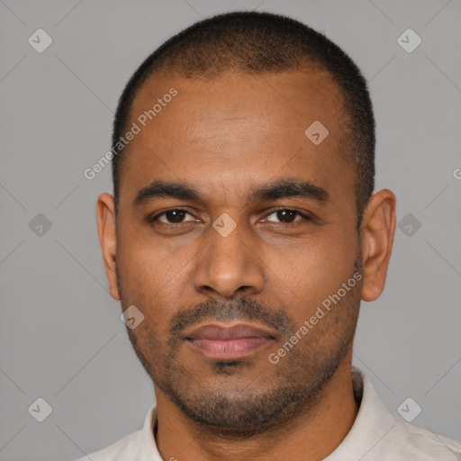 Neutral latino adult male with short  black hair and brown eyes