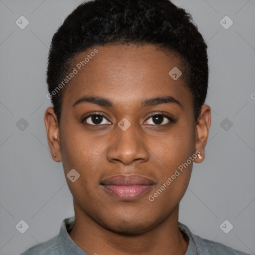 Joyful black young-adult female with short  black hair and brown eyes