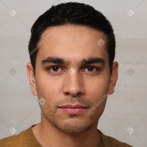 Neutral white young-adult male with short  brown hair and brown eyes