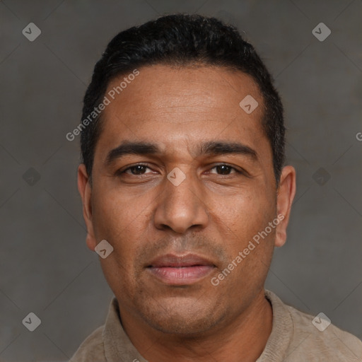 Neutral white adult male with short  black hair and brown eyes