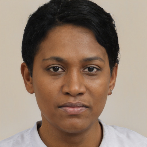 Neutral black young-adult female with short  black hair and brown eyes