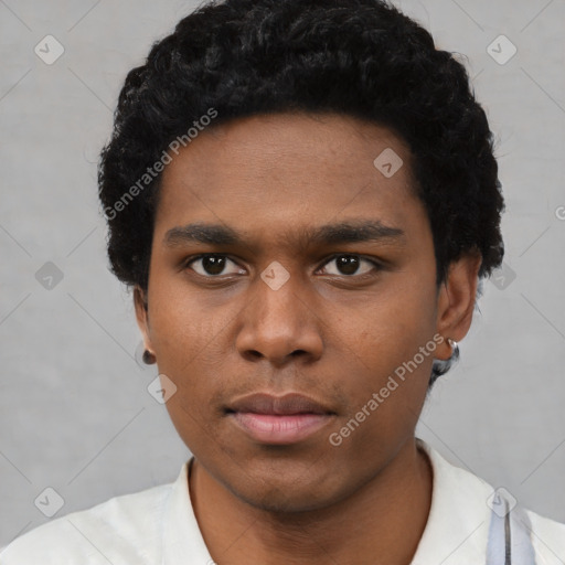 Neutral black young-adult male with short  black hair and brown eyes