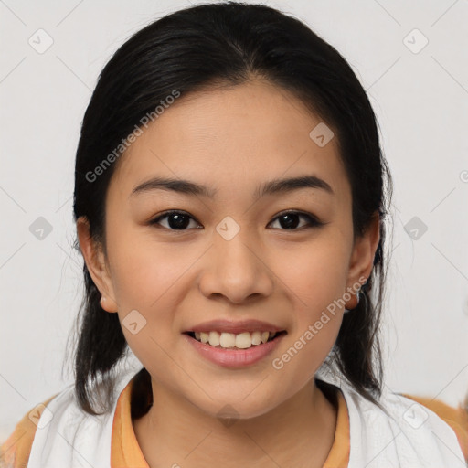 Joyful white young-adult female with medium  black hair and brown eyes