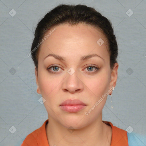 Neutral white young-adult female with short  brown hair and brown eyes