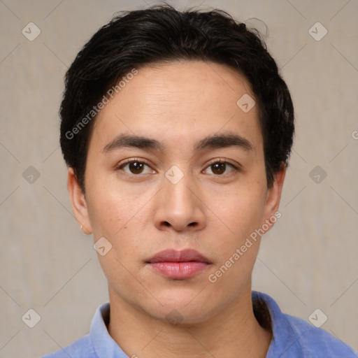 Neutral asian young-adult male with short  brown hair and brown eyes