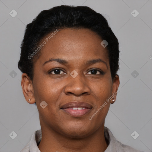 Joyful black young-adult female with short  black hair and brown eyes