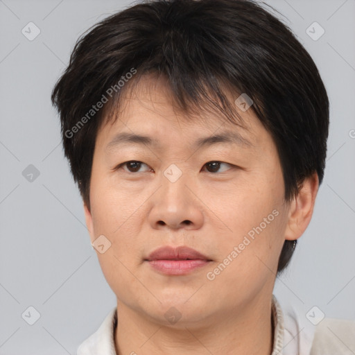 Joyful asian adult female with short  brown hair and brown eyes