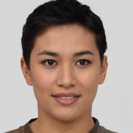 Joyful asian young-adult female with short  brown hair and brown eyes