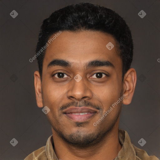 Joyful latino young-adult male with short  black hair and brown eyes