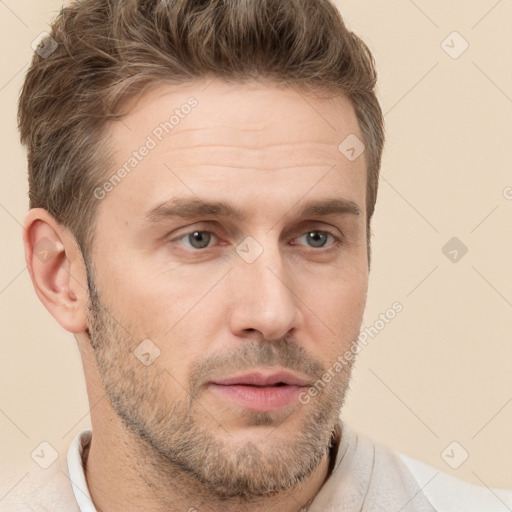 Neutral white adult male with short  brown hair and brown eyes