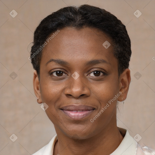 Joyful black young-adult female with short  brown hair and brown eyes