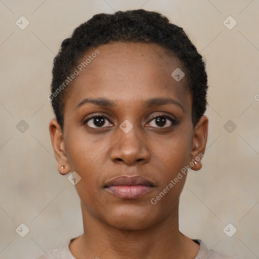 Neutral black young-adult female with short  brown hair and brown eyes