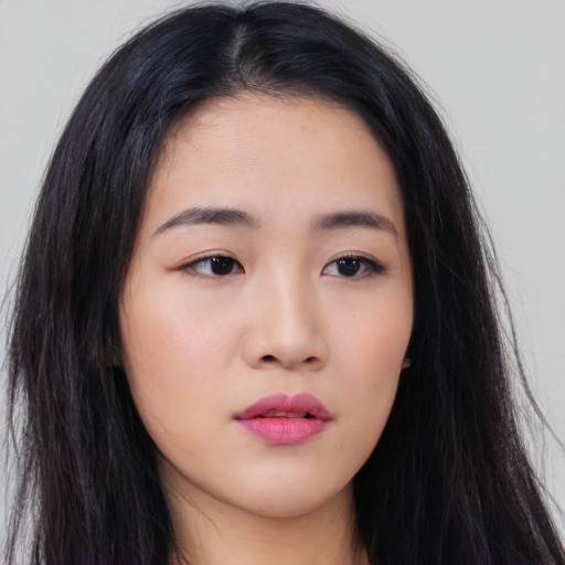 Neutral asian young-adult female with long  black hair and brown eyes