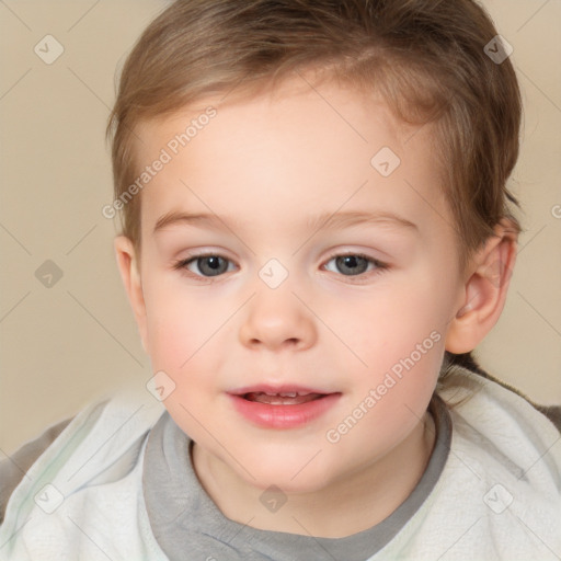 Joyful white child female with short  brown hair and brown eyes