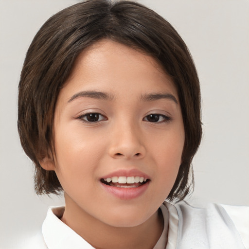 Joyful white child female with medium  brown hair and brown eyes