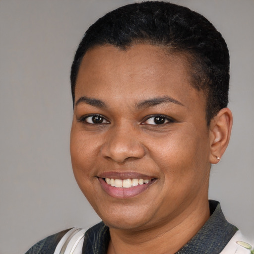 Joyful black young-adult female with short  brown hair and brown eyes