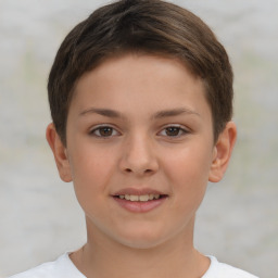 Joyful white child female with short  brown hair and brown eyes