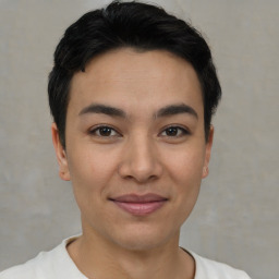 Joyful latino young-adult male with short  brown hair and brown eyes