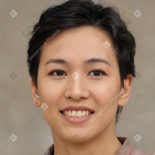 Joyful asian young-adult female with short  brown hair and brown eyes