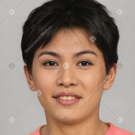 Joyful asian young-adult female with short  brown hair and brown eyes