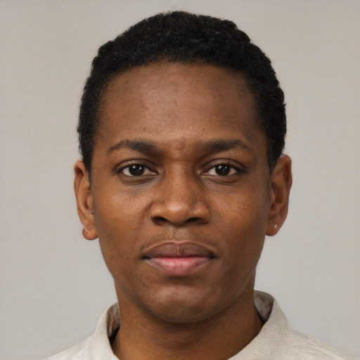 Neutral black young-adult male with short  black hair and brown eyes