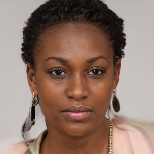 Neutral black young-adult female with short  brown hair and brown eyes