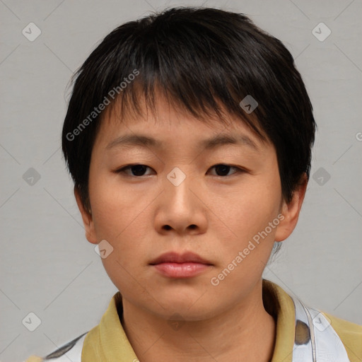 Neutral asian young-adult female with short  brown hair and brown eyes