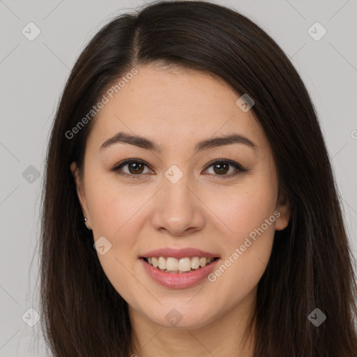 Joyful white young-adult female with long  brown hair and brown eyes