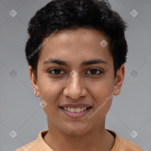 Joyful white young-adult female with short  brown hair and brown eyes