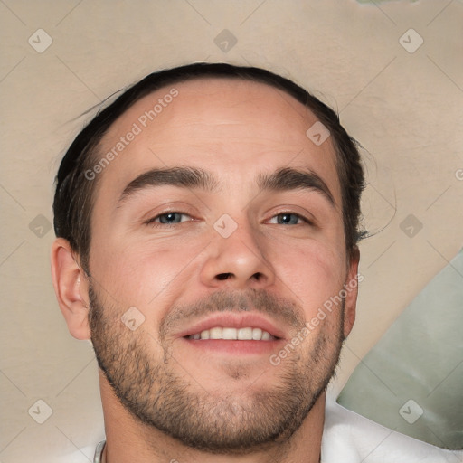 Neutral white young-adult male with short  brown hair and brown eyes