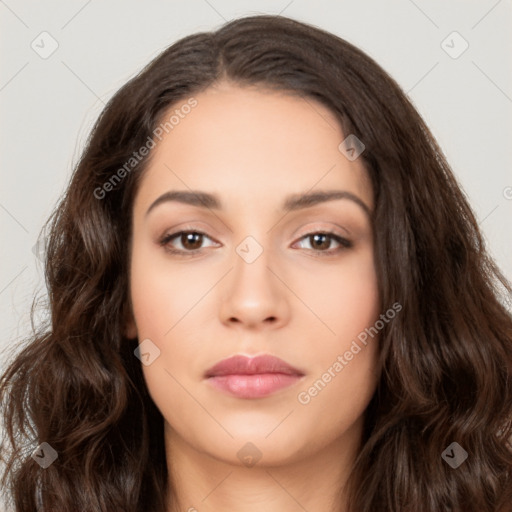 Neutral white young-adult female with long  brown hair and brown eyes