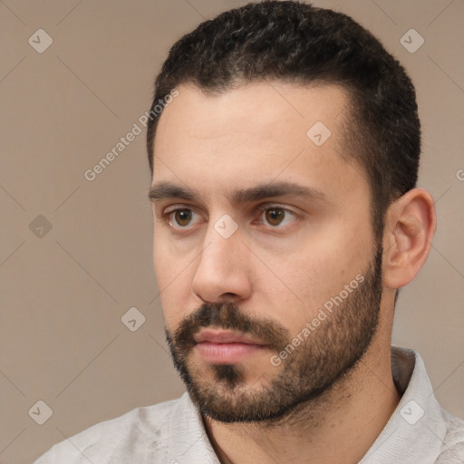 Neutral white young-adult male with short  black hair and brown eyes