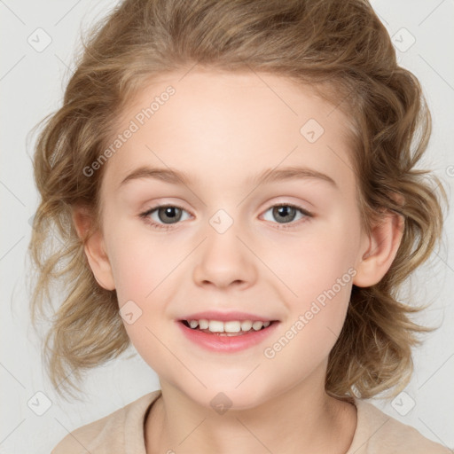 Joyful white child female with medium  brown hair and brown eyes