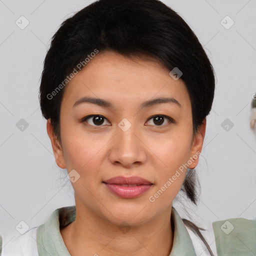 Joyful asian young-adult female with short  brown hair and brown eyes