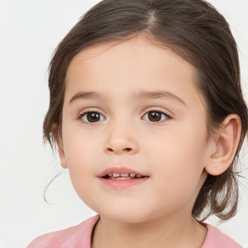 Joyful white child female with medium  brown hair and brown eyes