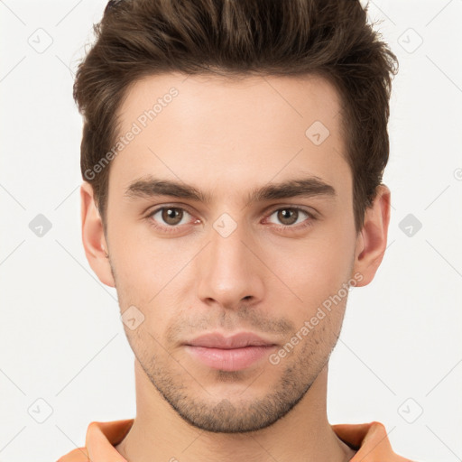 Neutral white young-adult male with short  brown hair and brown eyes