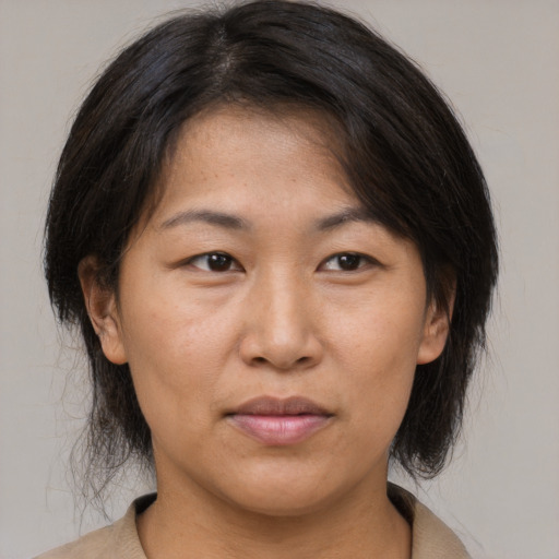 Joyful asian adult female with medium  brown hair and brown eyes
