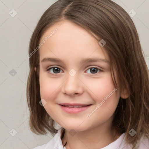 Joyful white child female with medium  brown hair and brown eyes