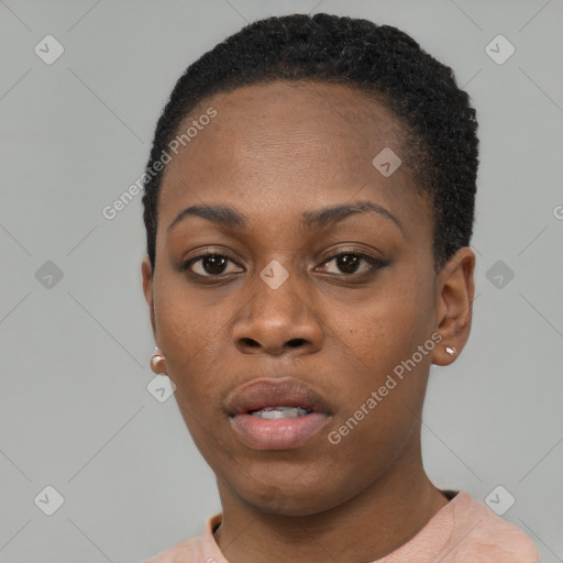 Neutral black young-adult female with short  black hair and brown eyes