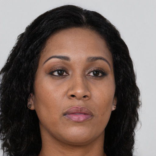 Neutral asian young-adult female with long  brown hair and brown eyes