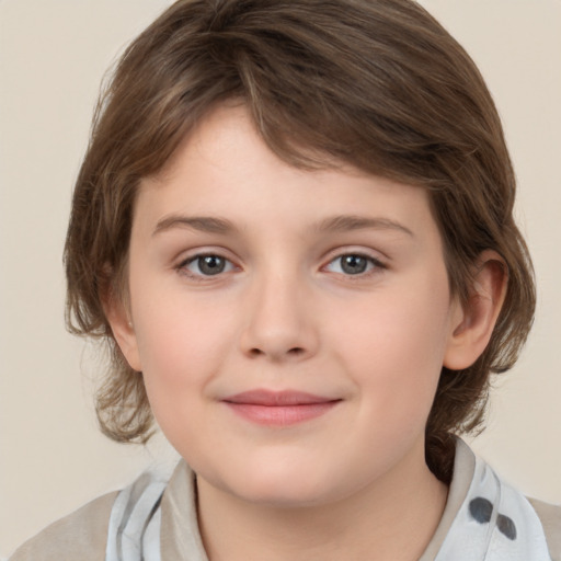 Joyful white child female with medium  brown hair and brown eyes