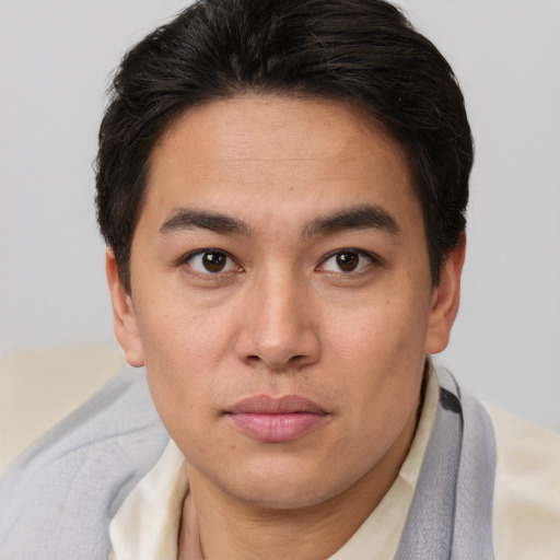 Joyful white young-adult male with short  brown hair and brown eyes