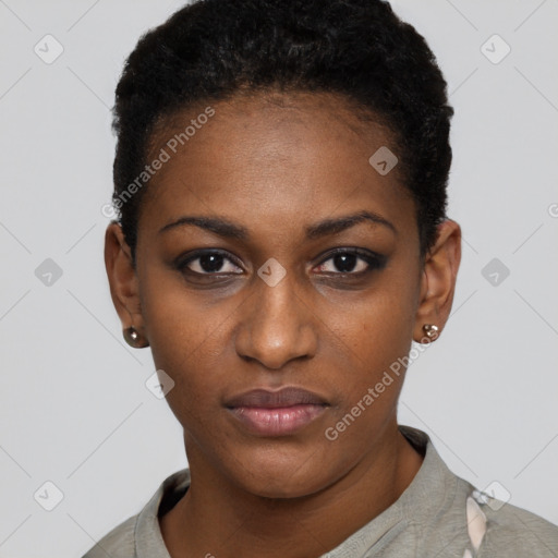 Neutral black young-adult female with short  black hair and brown eyes