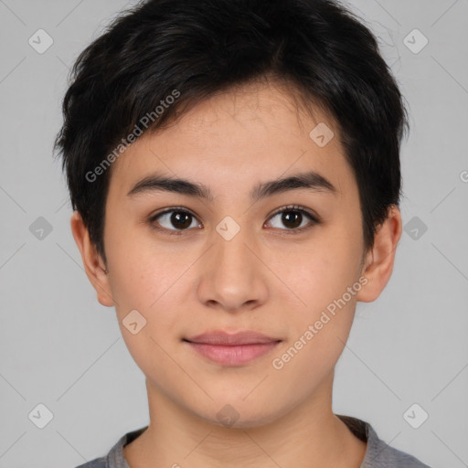 Joyful asian young-adult female with short  brown hair and brown eyes