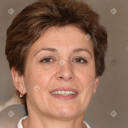 Joyful white adult female with short  brown hair and brown eyes