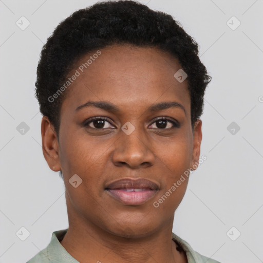 Joyful black young-adult female with short  black hair and brown eyes