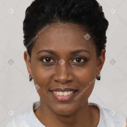 Joyful black young-adult female with short  black hair and brown eyes