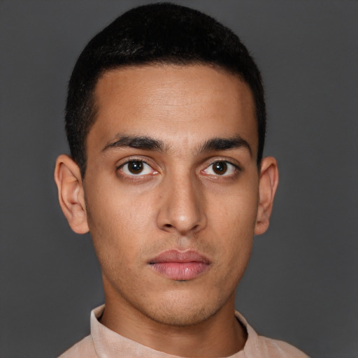 Neutral latino young-adult male with short  brown hair and brown eyes
